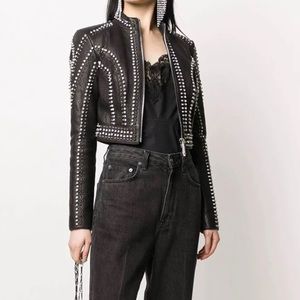 Genuine Leather Studded Crop Jacket Coat Blazer Cardigan Parka Slim Rhinestones